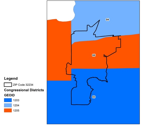 choropleth of ZIP codes surrounding ZIP code 32234, with red units reflecting ZIP codes divided up by congressional districts in such a manner that there is no majority of the population nested within a single district